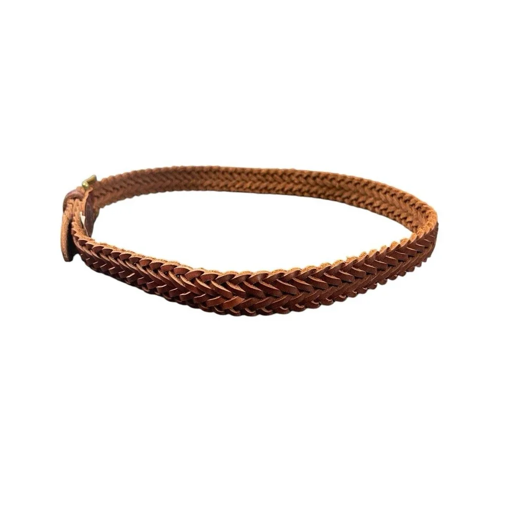 VTG Old Navy Kids Brown Braided Leather Belt Brass Buckle Woven Size L Y2K